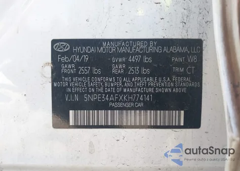 2019 Hyundai Sonata Sport z USA, uszkodzony, nr VIN 5NPE34AFXKH774141